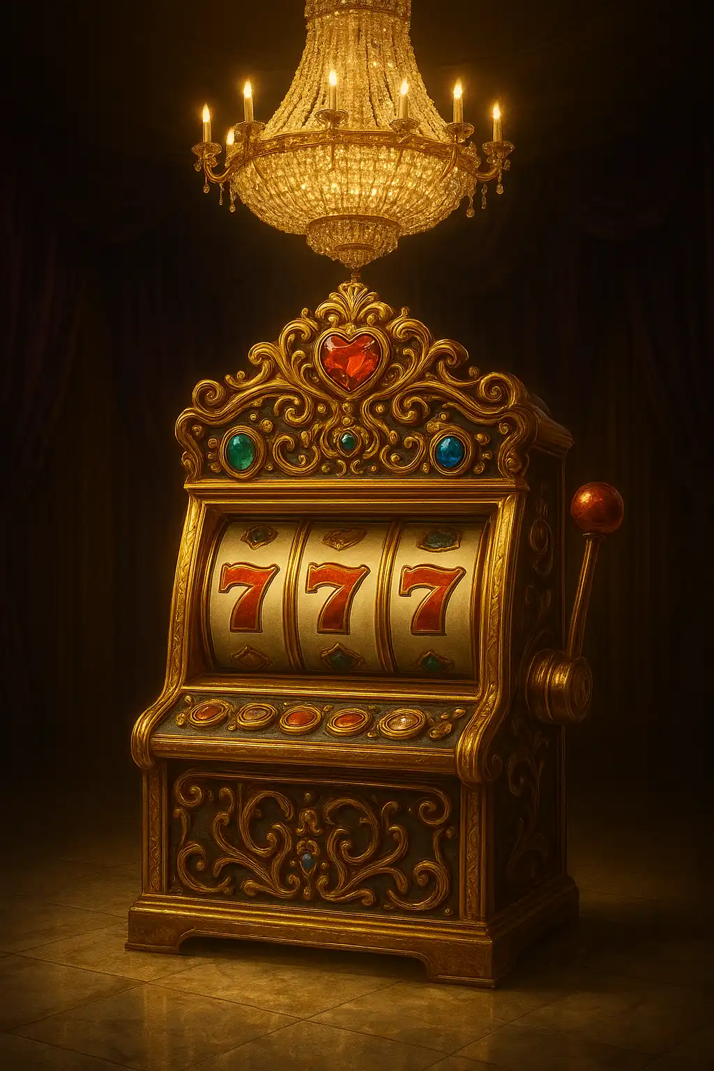 An opulent royal casino lounge with velvet armchairs, gold trim slot machines, crystal chandeliers and a marble floor gleaming under warm light