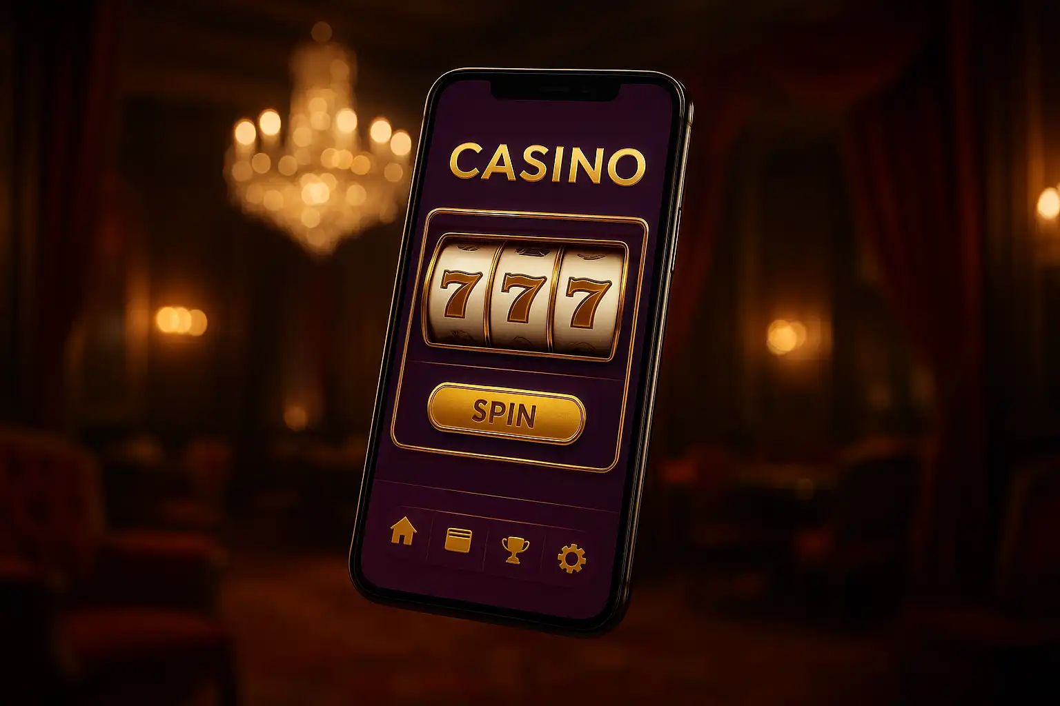 A smartphone displaying the WinBum Casino app with a gold and velvet royal lounge interface and glowing slot reels