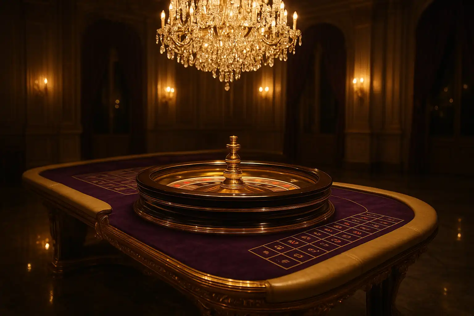 An opulent gold-accented roulette table beneath a crystal chandelier in the WinBum royal lounge casino