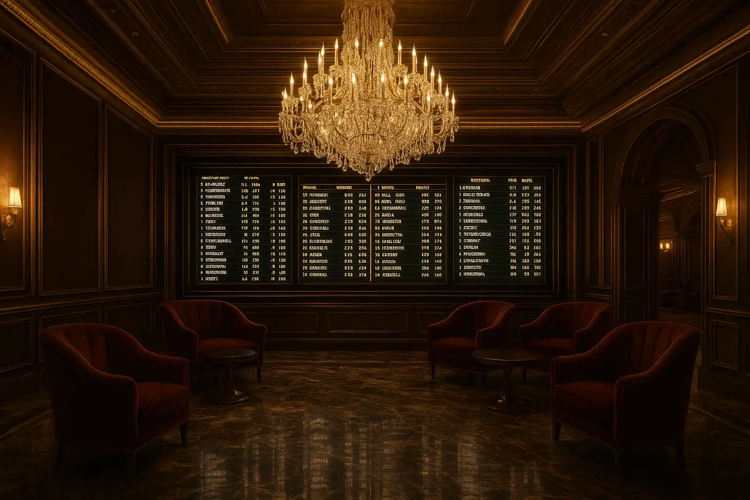 Elegant royal-lounge sportsbook betting area with velvet seating and screens displaying live sports odds